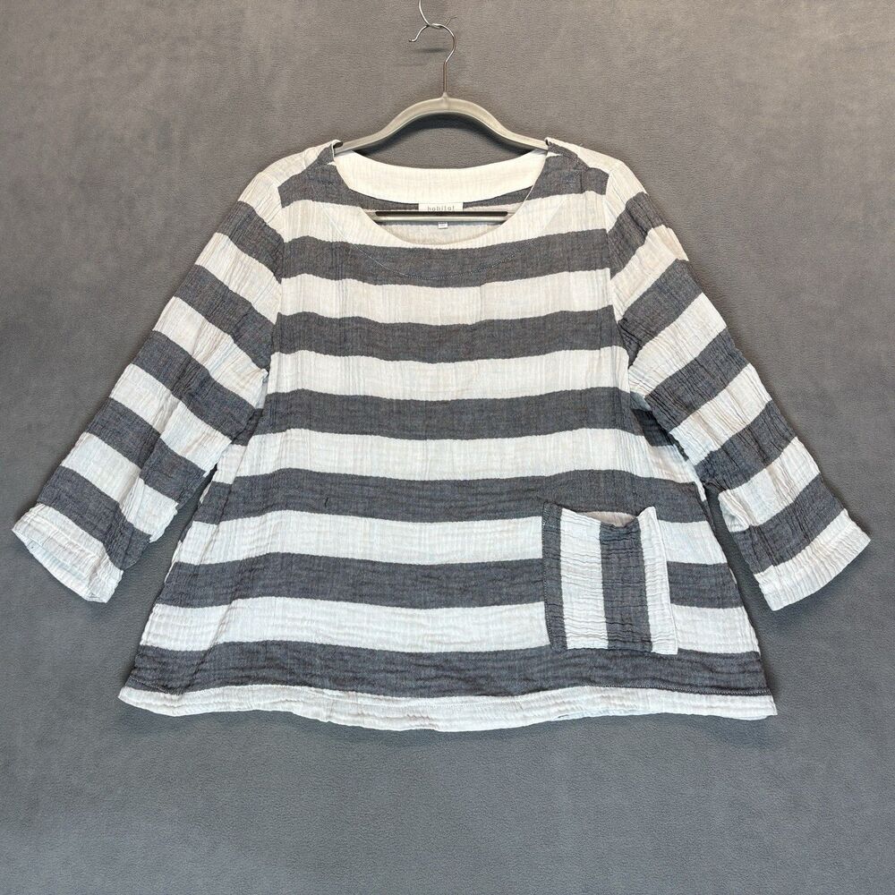 Habitat Clothes to Live In M Striped Crinkle Top Gray White Pocket 3/4 Sleeve